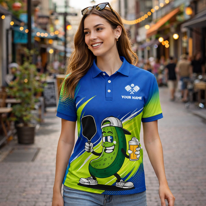 Funny Pickleball Polo Shirt Custom Name Team Shirt Beer Pickle Graphic Athletic Polo