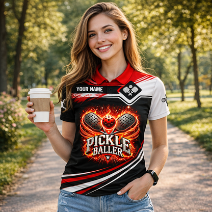 Pickle Baller Fire Polo Shirt Personalized Name Pickleball Performance Shirt Red Black