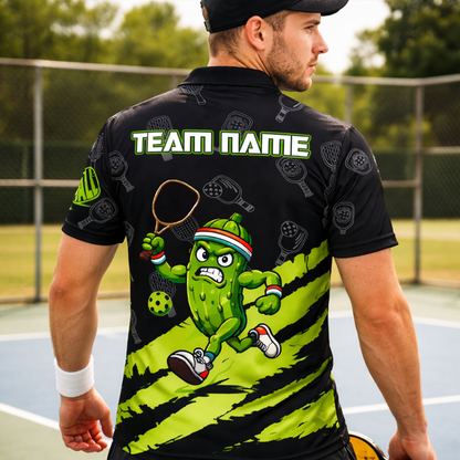Pickleball Polo Shirt Funny Pickle Player Cartoon Custom Team Name Black Green Sport Design Unisex
