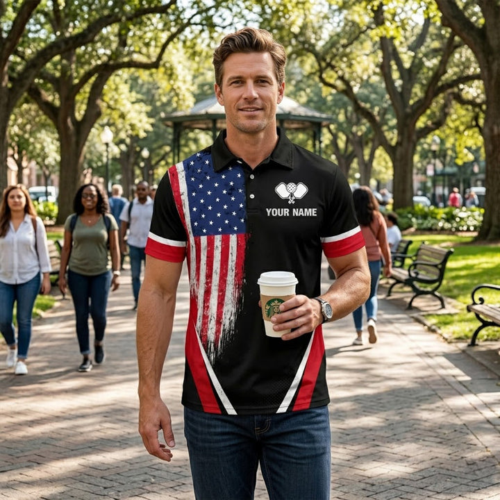 Custom Pickleball Polo Shirt USA Flag Personalized Name Black Red Performance Pickleball Shirt Men Women