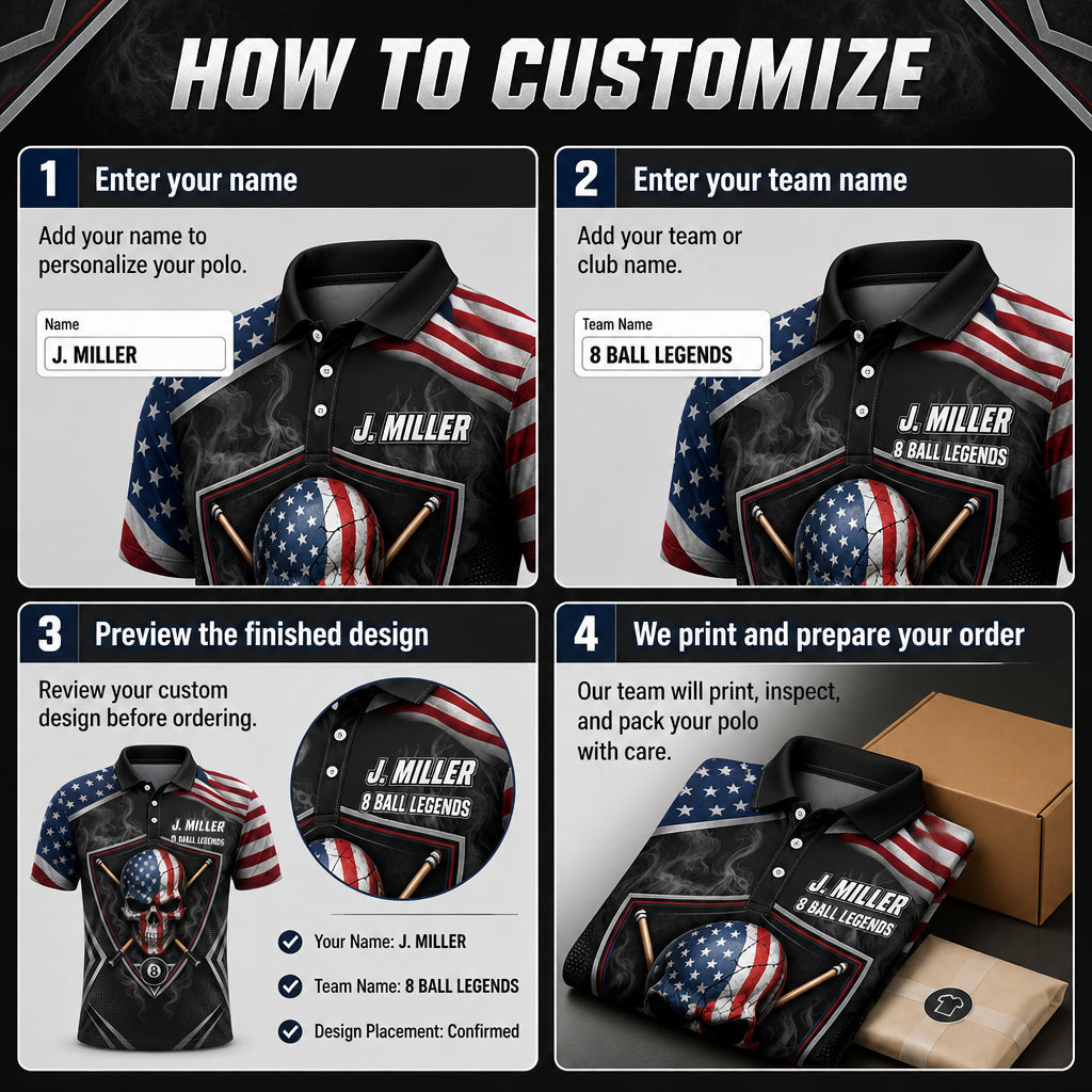 Patriotic Billiards Skull AOP Polo – Personalized Name & Team - How to customize