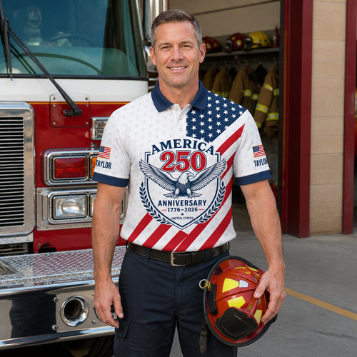 America 250 Anniversary Polo – Custom Name Sleeves - Lifestyle 1