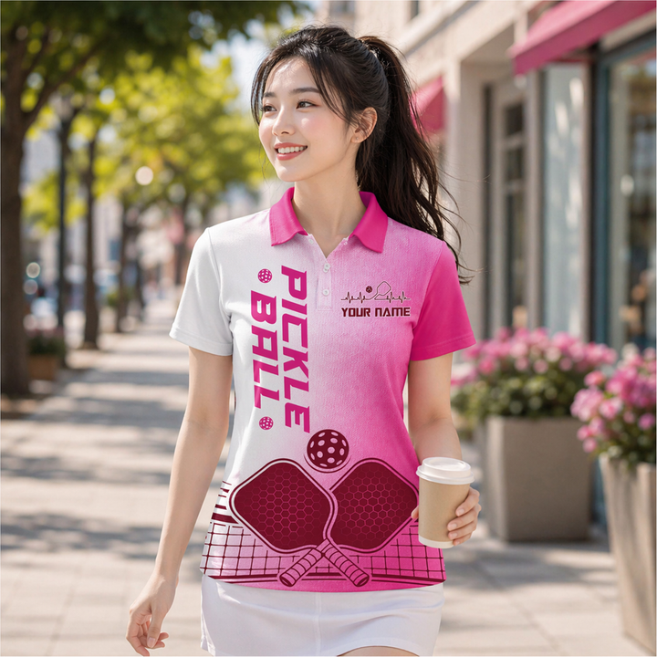 Women's Custom Name Pickleball Polo Shirt Pink Heartbeat