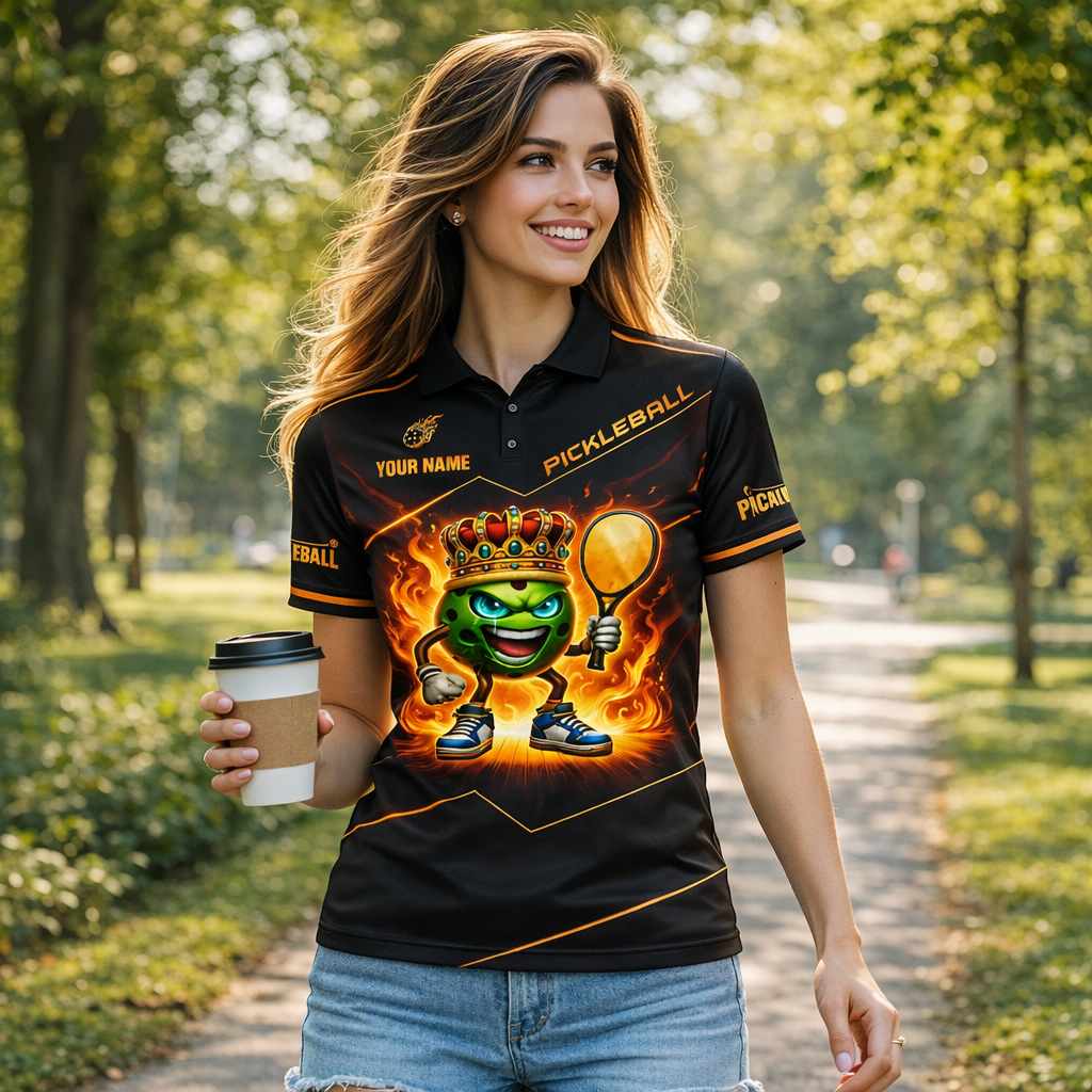 Pickleball Polo Shirt King Ball Fire Graphic Custom Name Breathable Performance Polo