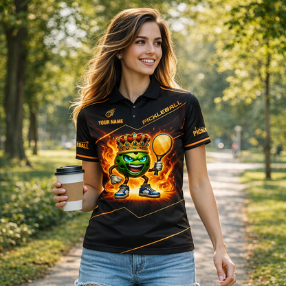 Pickleball Polo Shirt King Ball Fire Graphic Custom Name Breathable Performance Polo