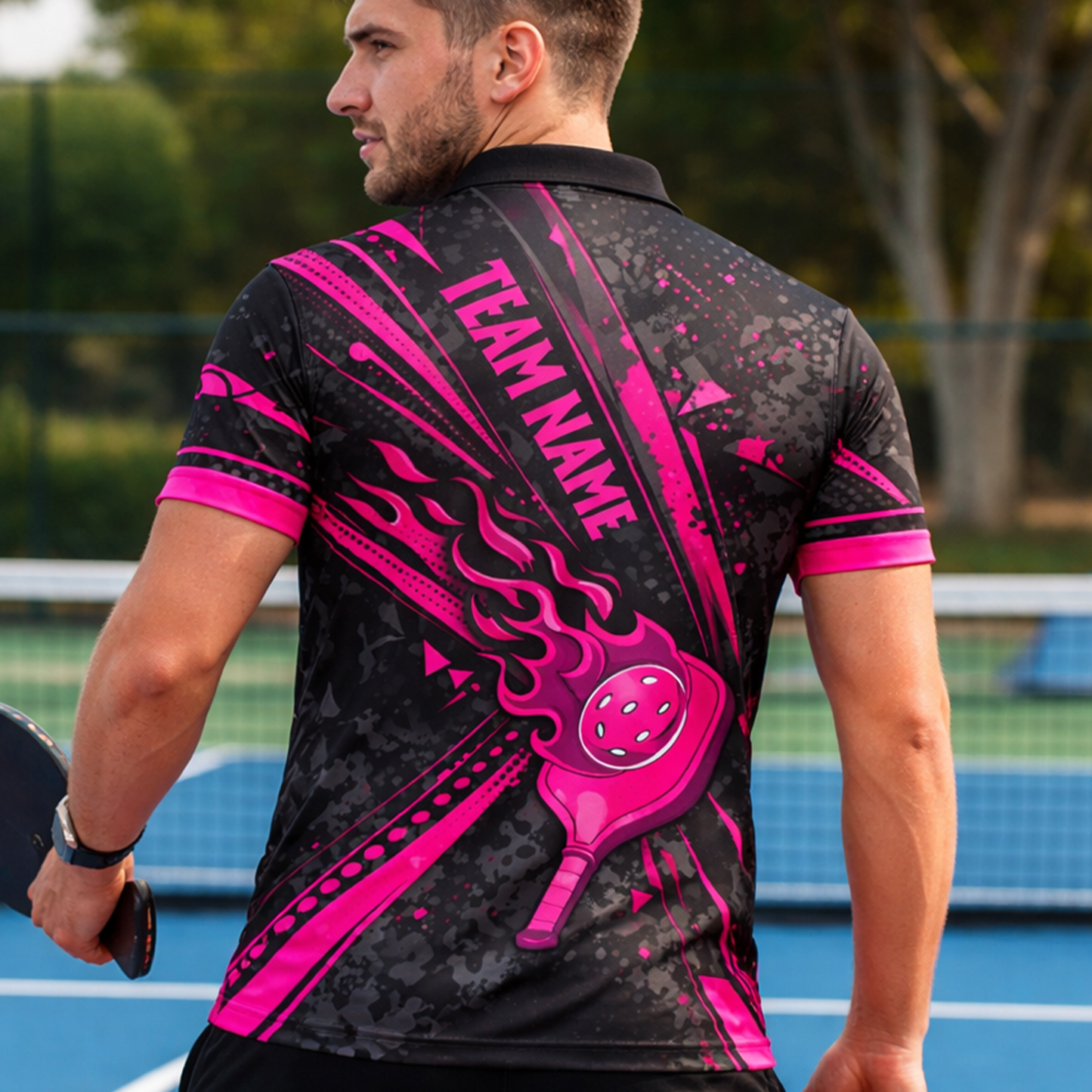 Custom Pickleball Polo Shirt Pink Flame Paddle Design Personalized Name Team Shirt Breathable Performance