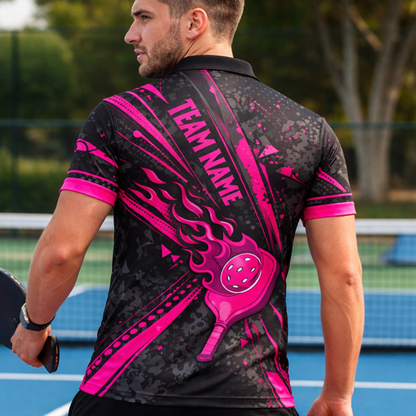 Custom Pickleball Polo Shirt Pink Flame Paddle Design Personalized Name Team Shirt Breathable Performance