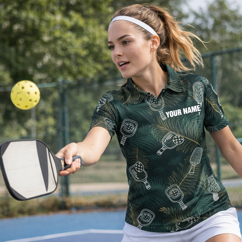 Custom Name Pickleball Polo Shirt Tropical Paddle Pattern All Over Print Performance Shirt