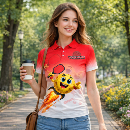 Men's Custom Pickleball Polo Shirt Funny Cartoon Ball Rocket Design Personalized Name Team Short Sleeve Red White Polyester Polo