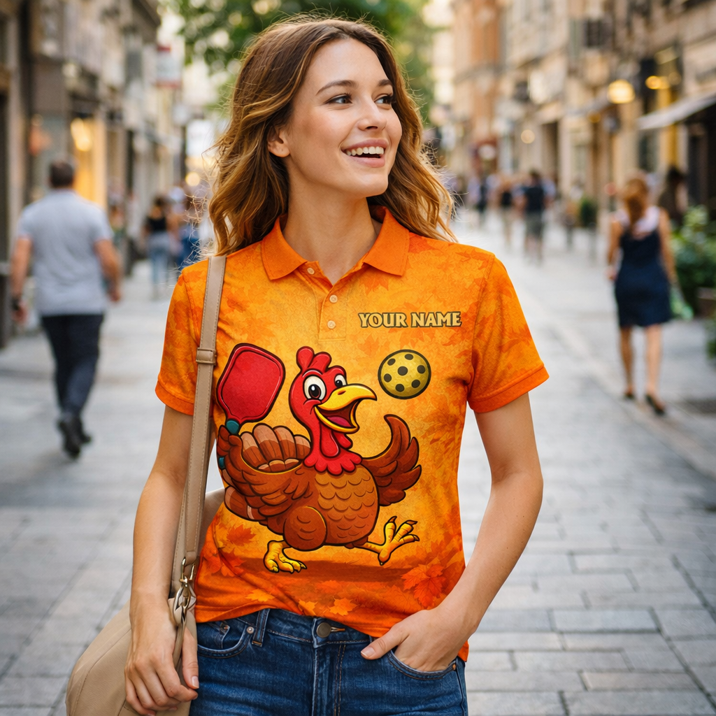 Funny Turkey Pickleball Polo Shirt Custom Name Team Shirt Thanksgiving Pickleball Outfit Breathable Mesh Top
