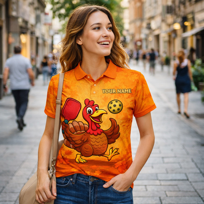 Funny Turkey Pickleball Polo Shirt Custom Name Team Shirt Thanksgiving Pickleball Outfit Breathable Mesh Top