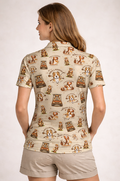 Golf Pitbull Pattern Polo Shirt Funny Dog Golfer All Over Print Performance Polo Black