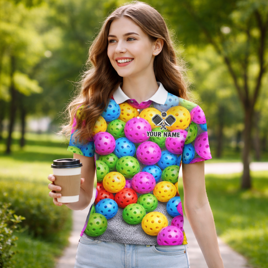 Personalized Pickleball Polo Shirt for Men, Custom Name & Team Colorful Pickleball Balls 3D Print Short Sleeve Golf Polo