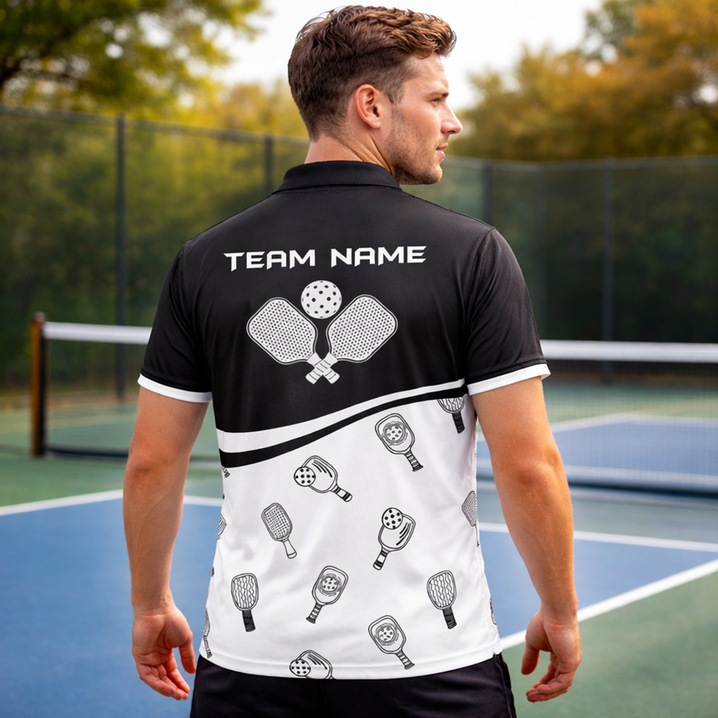 Custom Pickleball Polo Shirt Black White Paddle Pattern Personalized Name Team Shirt