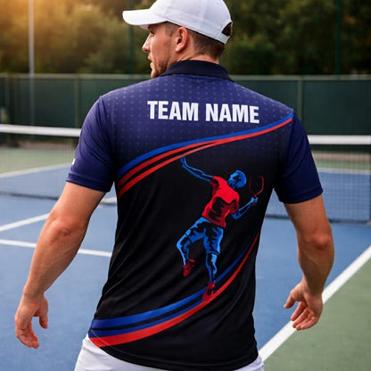 Pickleball Polo Shirt Personalized Name Men Women Sport Performance Polo Blue Red Player Design