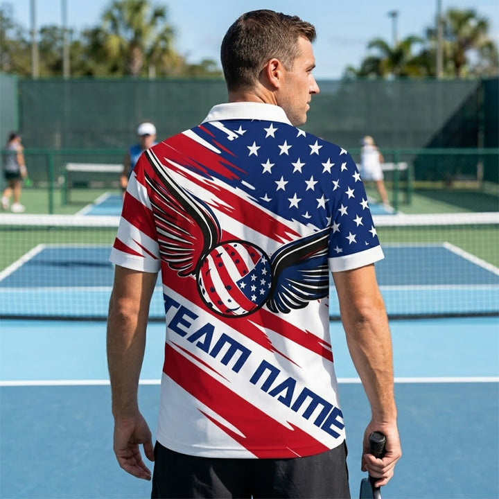 Patriotic USA Flag Polo Shirt Custom Name American Eagle Wings Pickleball Shirt