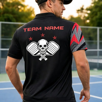 Custom Pickleball Polo Shirt Skull Paddle Design Personalized Team Name Performance Shirt