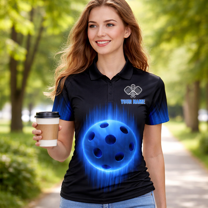 Personalized Pickleball Polo Shirt Men Custom Name Team Glowing Blue Ball Lightning Design Moisture Wicking Polyester Black Blue Short Sleeve Tee