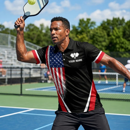 Custom Pickleball Polo Shirt USA Flag Personalized Name Black Red Performance Pickleball Shirt Men Women