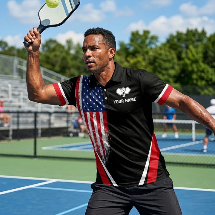 Custom Pickleball Polo Shirt USA Flag Personalized Name Black Red Performance Pickleball Shirt Men Women