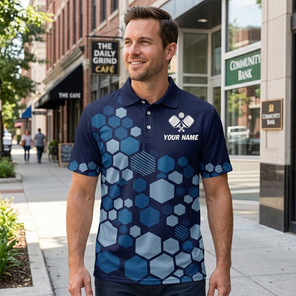 Custom Pickleball Polo Shirt Blue Hexagon Personalized Name Performance Pickleball Shirt Men Women