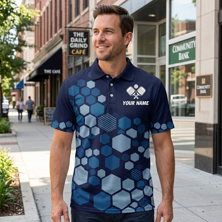 Custom Pickleball Polo Shirt Blue Hexagon Personalized Name Performance Pickleball Shirt Men Women