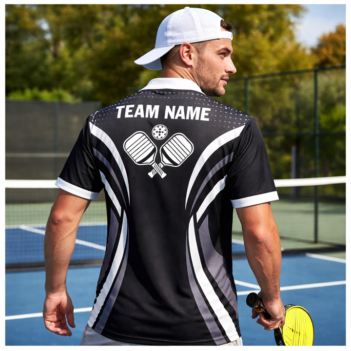 Custom Pickleball Polo Shirt Personalized Name Team Jersey Black White Performance Shirt Unisex
