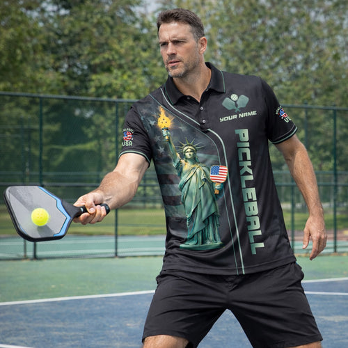 Patriotic Pickleball Polo Shirt Custom Name USA Statue Graphic Performance Team