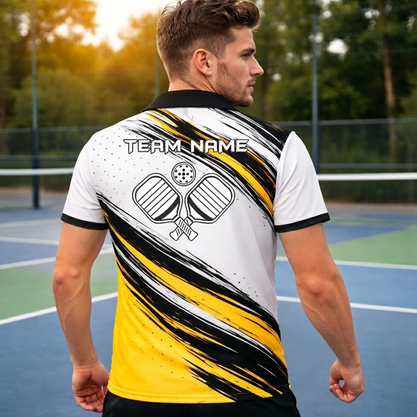Custom Pickleball Polo Shirt Yellow Black White Brush Stroke Personalized Team Shirt Performance Polo