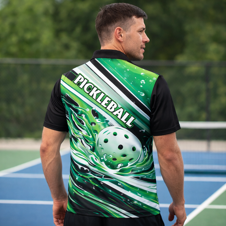 Custom Pickleball Polo Shirt Personalized Name Green Splash Design Performance Sports Shirt