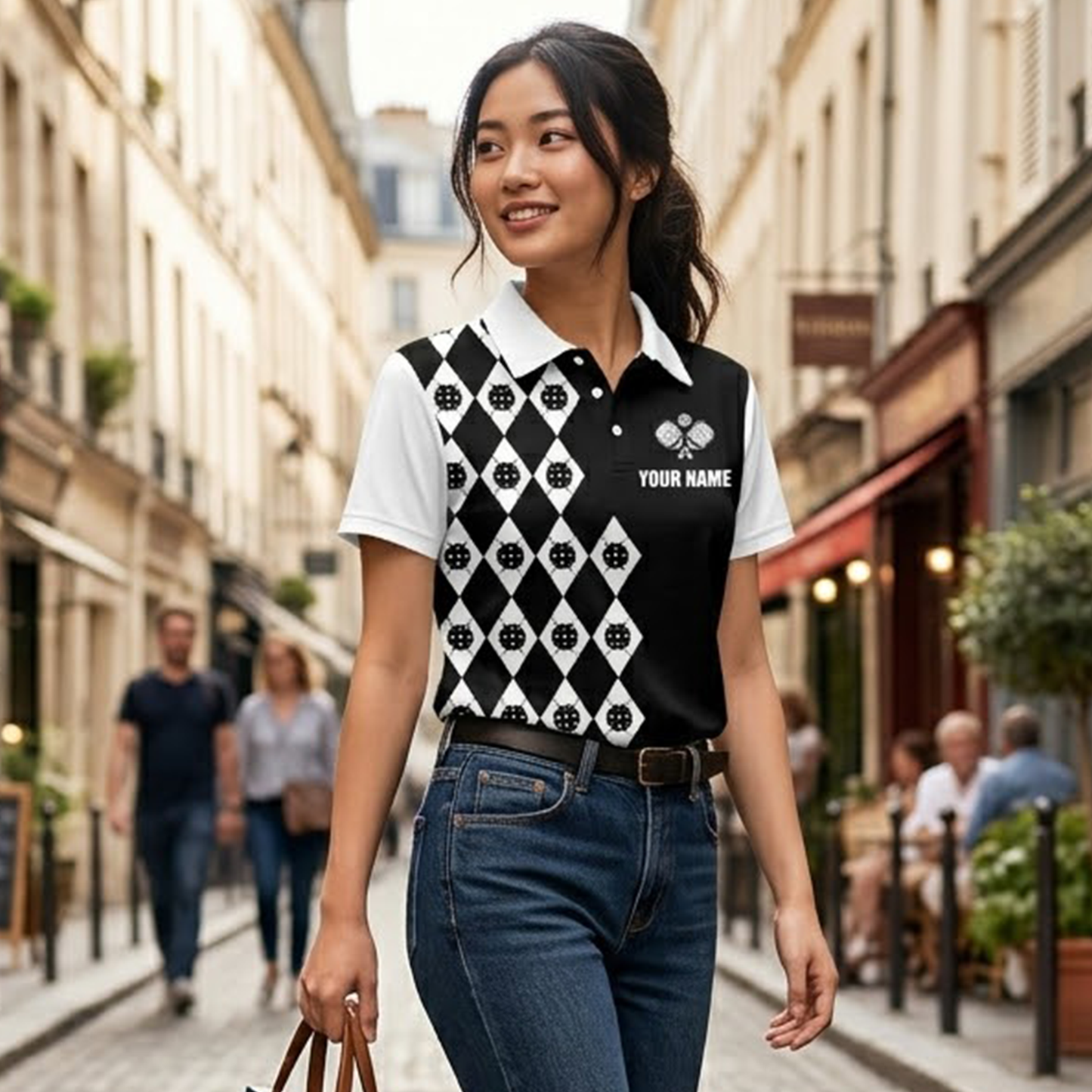 Custom Pickleball Polo Shirt Personalized Name Argyle Black White Performance Team Shirt Unisex