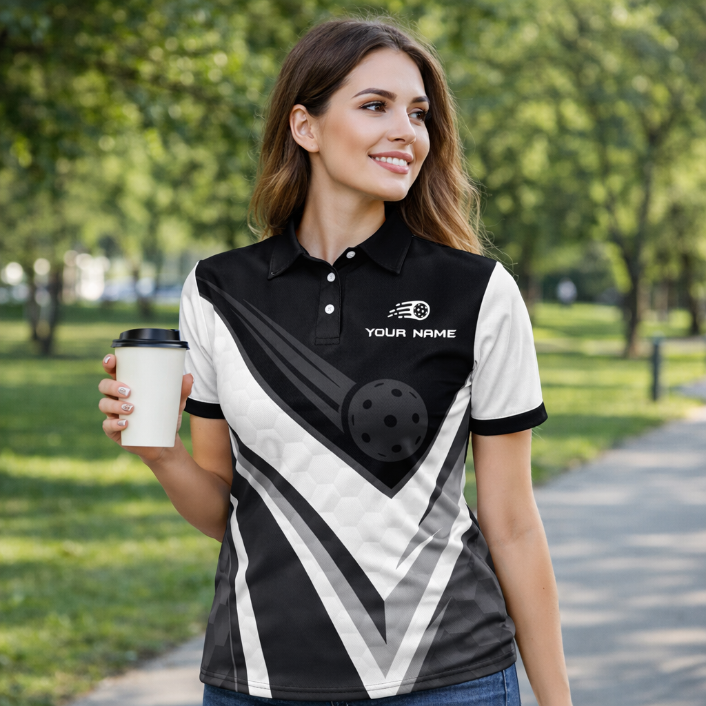 Custom Pickleball Polo Shirt Black White Personalized Name Performance Sports Polo for Men Women