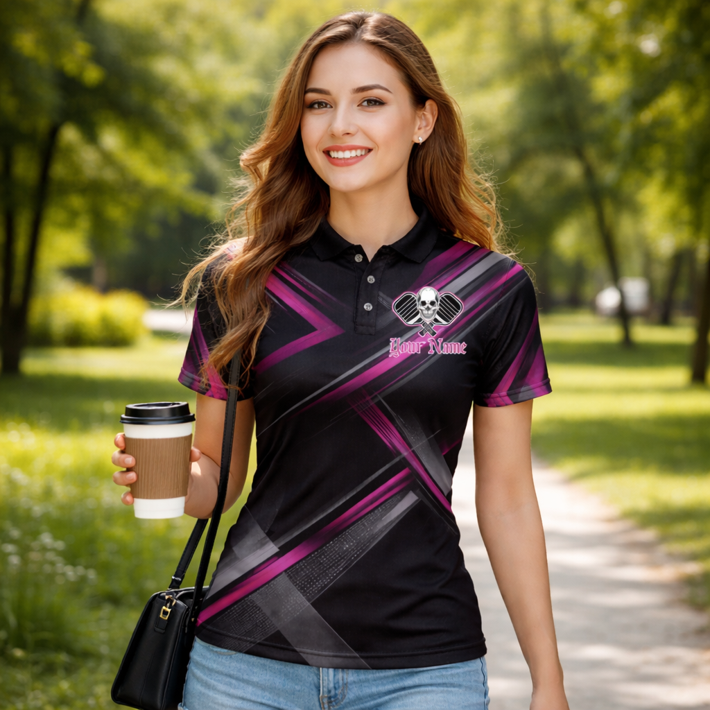 Custom Team Pickleball Polo Shirt Personalized Name Skull Paddle Sport Shirt Black Pink Performance Polo