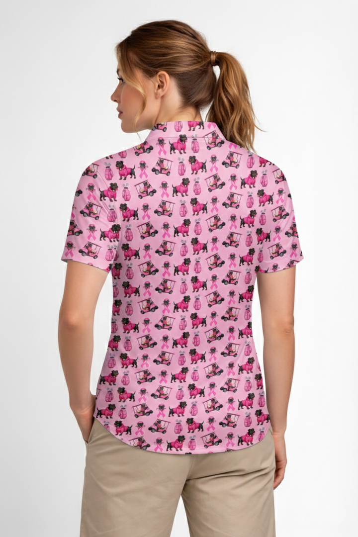Pink Golf Polo Shirt with Dog Print – Breast Cancer Awareness Ribbon All Over Print Polo