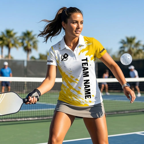 Custom Pickleball Polo Shirt Personalized Team Name Player Name Yellow White Performance Shirt Unisex