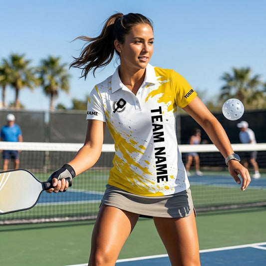 Custom Pickleball Polo Shirt Personalized Team Name Player Name Yellow White Performance Shirt Unisex