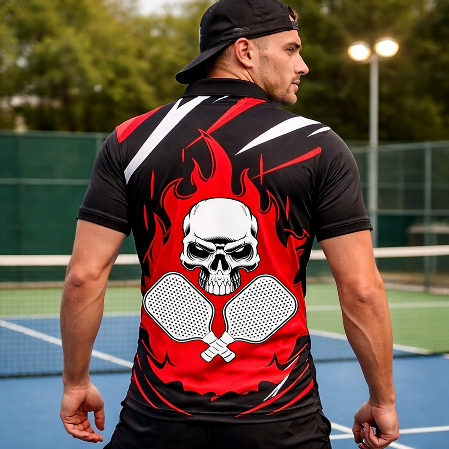 Custom Pickleball Polo Shirt Skull Flame Design Personalized Name Team Shirt Performance Sports Polo