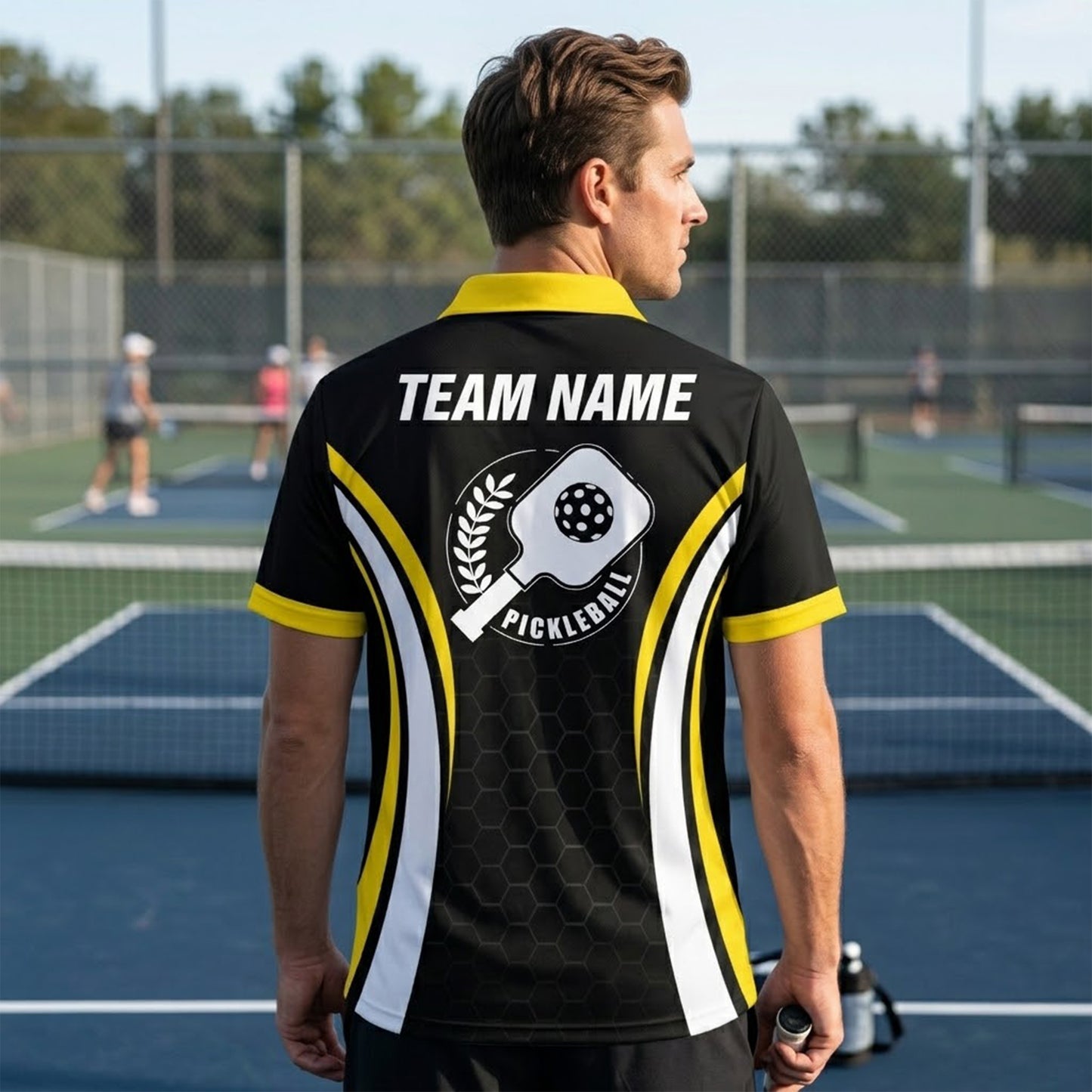Custom Pickleball Polo Shirt Personalized Name Team Pickleball Jersey Black Yellow Performance Polo
