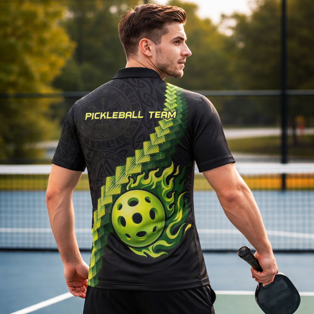 Custom Pickleball Polo Shirt Green Flame Ball Personalized Team Shirt Performance Polo