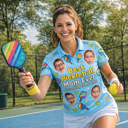 Custom Kids Photo Best Pickleball Mom Polo Light Blue