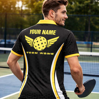 Custom Pickleball Polo Shirt Heartbeat Paddle Design Personalized Name Team Jersey Performance Unisex Shirt Black Yellow