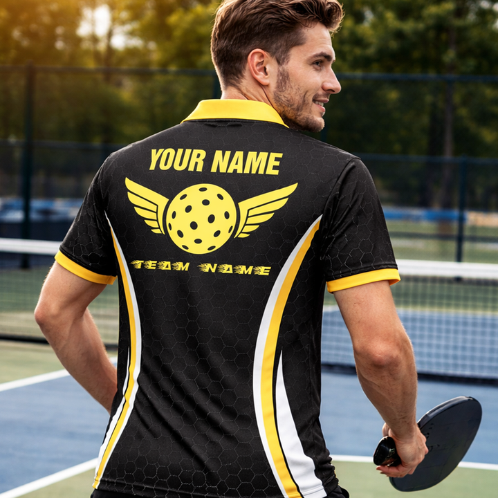 Custom Pickleball Polo Shirt Heartbeat Paddle Design Personalized Name Team Jersey Performance Unisex Shirt Black Yellow