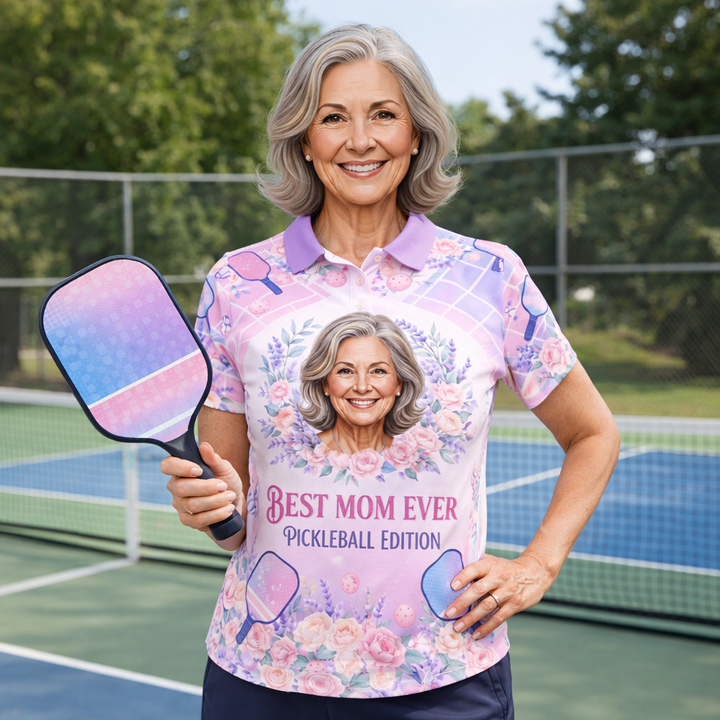 Custom Pickleball Polo Shirt Best Mom Ever Floral Paddle
