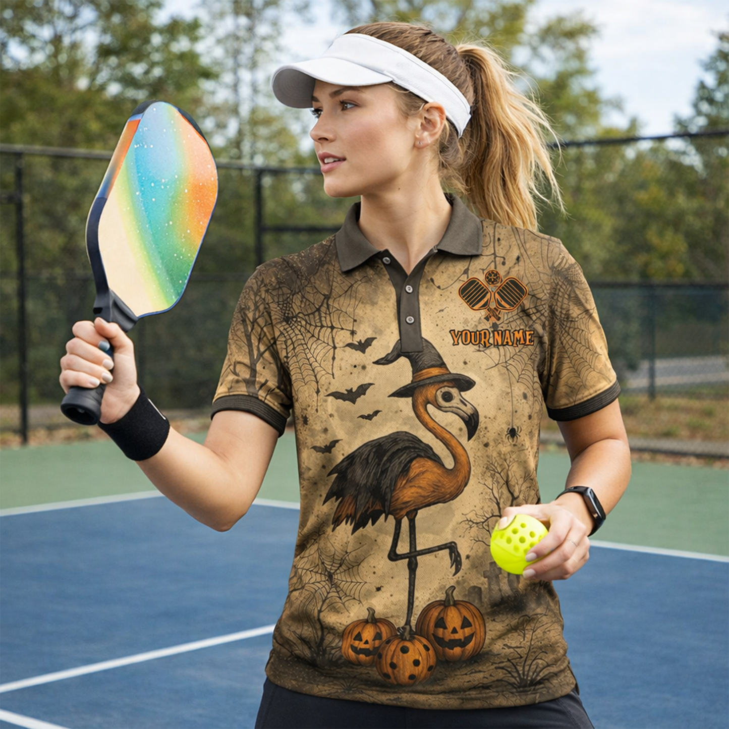 Halloween Flamingo Pickleball Polo Shirt Custom Name Team Spooky Pumpkin Performance Polo