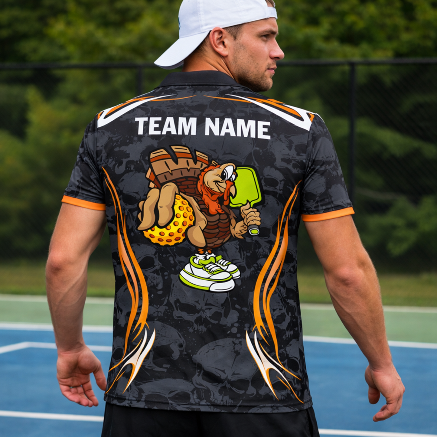 Funny Pickleball Turkey Polo Shirt Personalized Team Name Skull Pattern Performance Polo