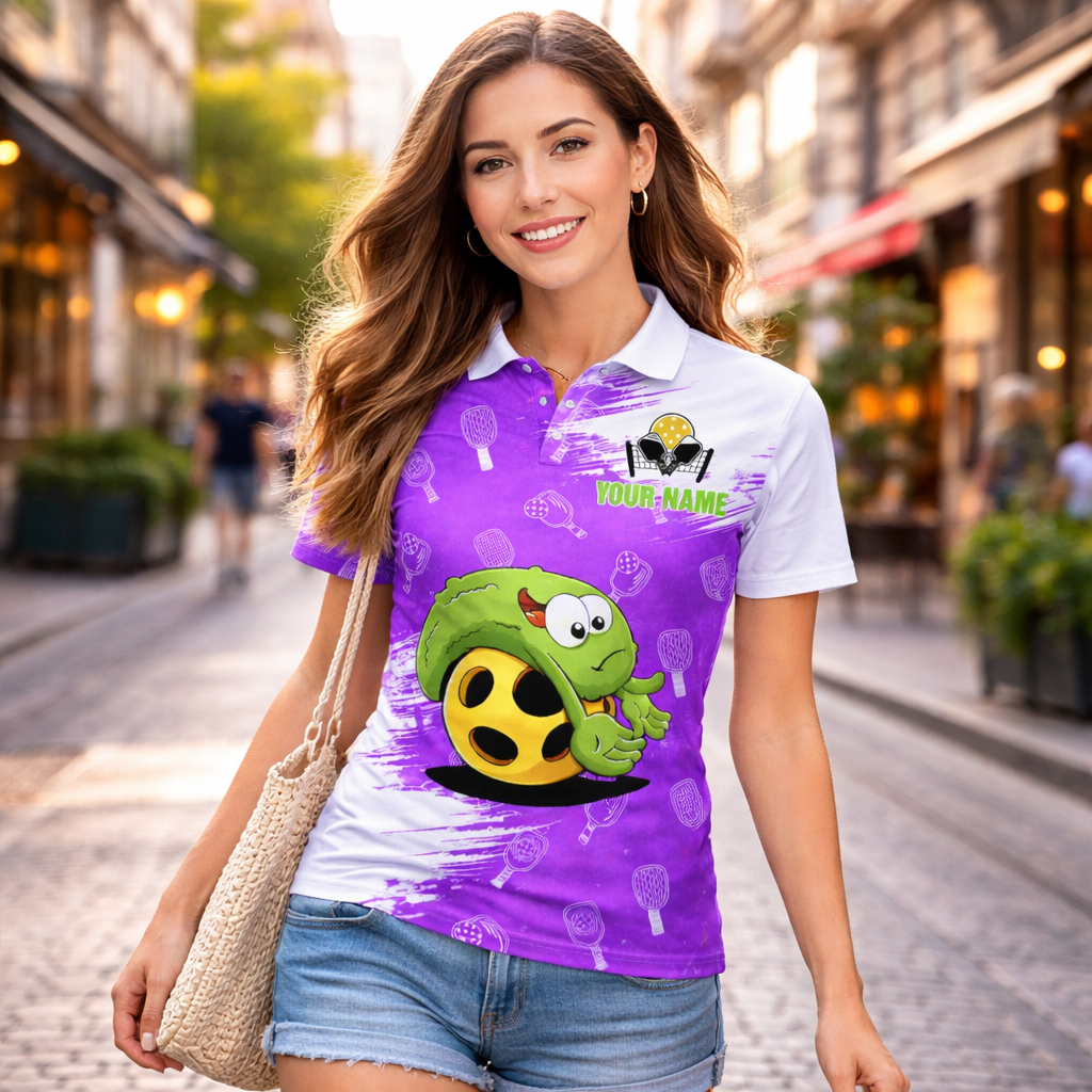 Custom Team Name Pickleball Polo Shirt for Men, Funny Turtle Purple Pickleball Paddle Pattern Personalized Jersey, Short Sleeve Athletic Sports Polo for Players and Teams