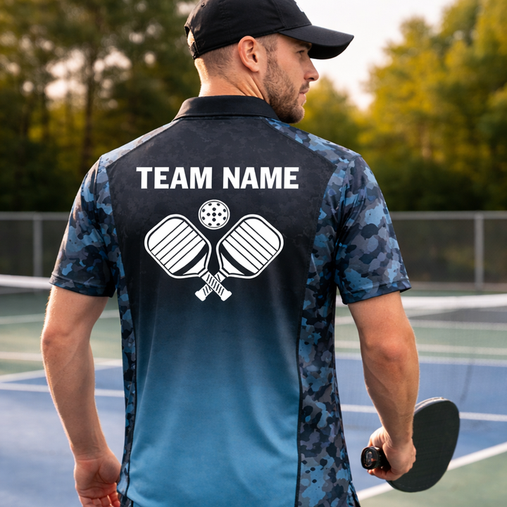 Custom Pickleball Polo Shirt Blue Camo Gradient Personalized Team Shirt Performance Polo