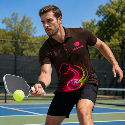 Neon Glow Pickleball Paddle Ball Mens Polo Brown Pink
