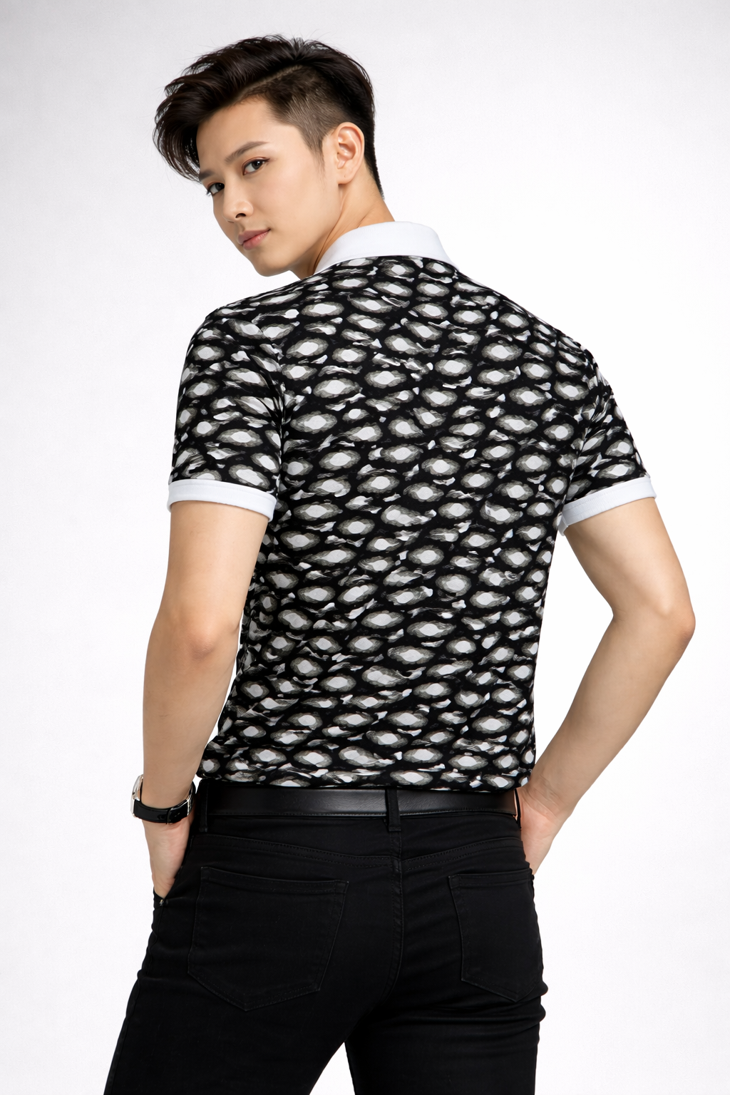 Black & White Golf Polo Shirt – Abstract Ball Pattern All Over Print