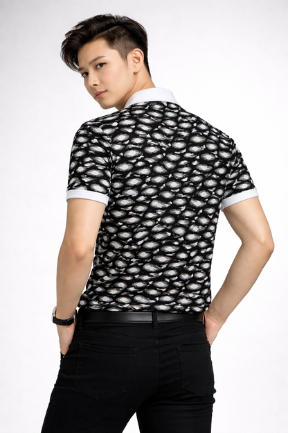 Black & White Golf Polo Shirt – Abstract Ball Pattern All Over Print